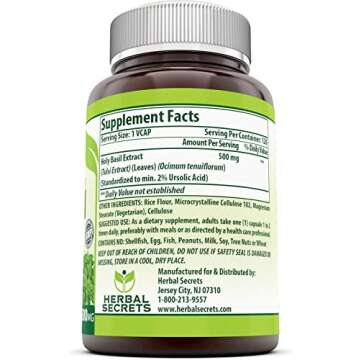 Herbal Secrets Holy Basil 500 Mg 120 Veggie Capsules - Natural Calm & Wellness Support