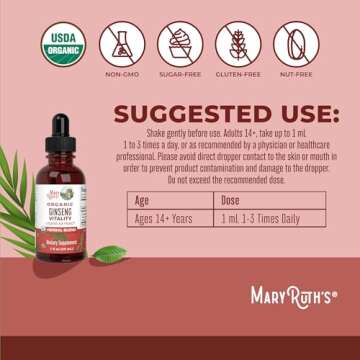 MaryRuth Organics Herbal Supplement for Brain Function | Boost Energy | Memory | Vitality USDA | Ginseng with Ashwagandha | Eleuthero and Maca Root Extract | 1 Fl Oz