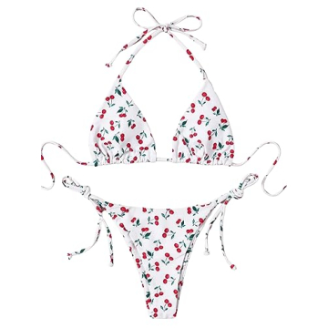 SOLY HUX Women's Bikini Sets Cherry Print Halter Triangle Tie Side Bathing Suits 2 Piece Swimsuit Wh...