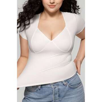 Vertvie Women's Double Lined Short Sleeve Top V Neck Slim Fit T Shirts Cute Summer Basic Tees Y2K Going Out Tops 2024 (White,Small)
