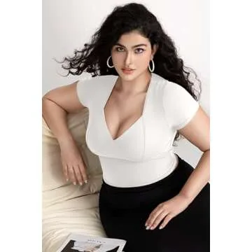 Vertvie Women's Double Lined Short Sleeve Top V Neck Slim Fit T Shirts Cute Summer Basic Tees Y2K Going Out Tops 2024 (White,Small)