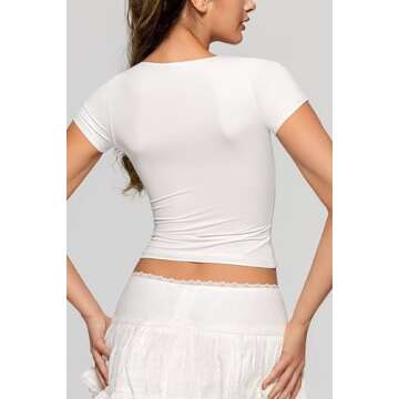 Vertvie Women's Double Lined Short Sleeve Top V Neck Slim Fit T Shirts Cute Summer Basic Tees Y2K Going Out Tops 2024 (White,Small)