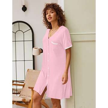 Ekouaer Nightgowns for Women Button Down Pajamas Tops Short Sleeve Sleepwear V-Neck Sleepwear Misty Rose M