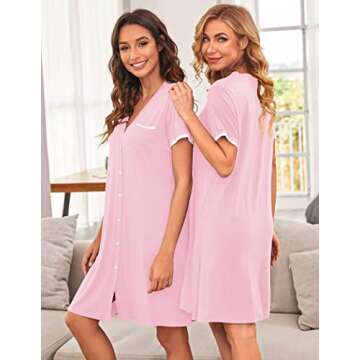 Ekouaer Nightgowns for Women Button Down Pajamas Tops Short Sleeve Sleepwear V-Neck Sleepwear Misty Rose M