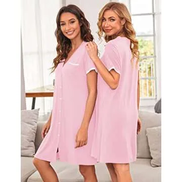 Ekouaer Nightgowns for Women Button Down Pajamas Tops Short Sleeve Sleepwear V-Neck Sleepwear Misty Rose M