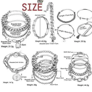 17IF 18 Pcs (6 Pack) Silver Bracelets Set for Women Boho Aesthetic Layered Stackable 14K Bangle Adjustable Cuff Grunge Italian Cuban Charm Chunky Simple Layering Bracelet Jewelry