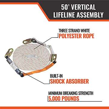 Malta Dynamics 50’ Vertical Lifeline Assembly, 3 Strand Fall Rope, with Shock Absorber, Positioning Device and 18” Extension Lanyard, Fall Protection for Roof Safety - OSHA/ANSI Compliant