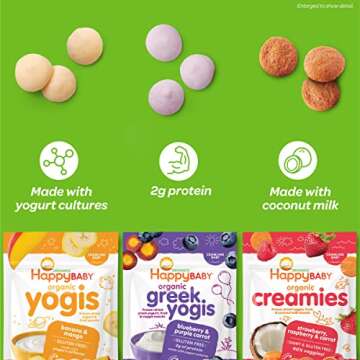 Happy Baby Organics Yogis Freeze-Dried Yogurt & Fruit Snack, Strawberry, 1 Ounce (Pack of 8) packaging may vary