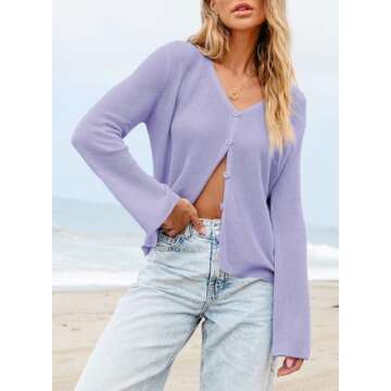 Sidefeel Womens Summer Cardigans Lightweight Long Sleeve Spring Fashion Knit Button Up Sweaters for Women Sweater Cardigan Purple Large