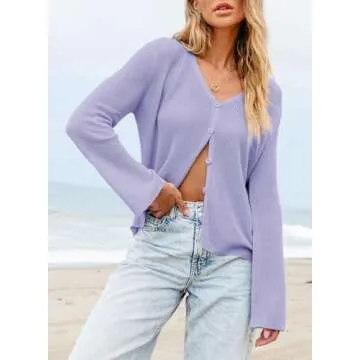 Sidefeel Womens Summer Cardigans Lightweight Long Sleeve Spring Fashion Knit Button Up Sweaters for Women Sweater Cardigan Purple Large