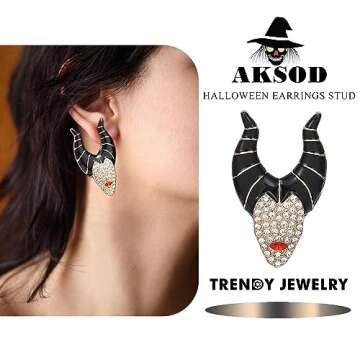 Aksod Cute Witch Halloween Earrings Glitter Rhinstone Cow Horn Dripping Oil Studs Crysatl Enaml Figu...