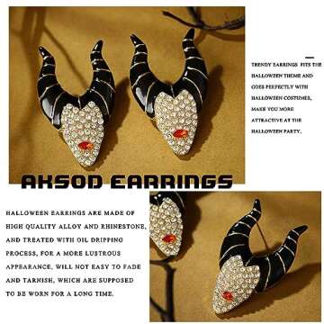 Aksod Cute Witch Halloween Earrings Glitter Rhinstone Cow Horn Dripping Oil Studs Crysatl Enaml Figure Earrings Fun Halloween Costume Party Holiday Jewelry for Women (Witch A)