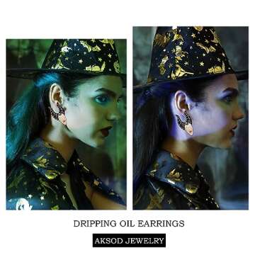 Aksod Cute Witch Halloween Earrings Glitter Rhinstone Cow Horn Dripping Oil Studs Crysatl Enaml Figure Earrings Fun Halloween Costume Party Holiday Jewelry for Women (Witch A)