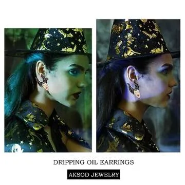 Aksod Cute Witch Halloween Earrings Glitter Rhinstone Cow Horn Dripping Oil Studs Crysatl Enaml Figure Earrings Fun Halloween Costume Party Holiday Jewelry for Women (Witch A)