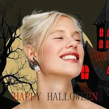 Aksod Cute Witch Halloween Earrings Glitter Rhinstone Cow Horn Dripping Oil Studs Crysatl Enaml Figure Earrings Fun Halloween Costume Party Holiday Jewelry for Women (Witch A)