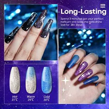 Modelones Glitter Gel Nail Polish - Cat Eye Gel Nail Polishes Black Blue LED Gel Nail Polish Set Temperature Color Changing Gel Polish Nail Art Starter Kit for Beginner Soak Off DIY at Home