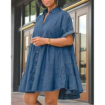 TheyLook Womens Denim Babydoll Dresses Button Down Tiered Jean Dress