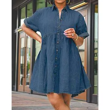 TheyLook Womens Denim Babydoll Dresses Button Down Tiered Jean Dress
