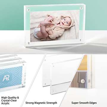 A & R 5 Packs 4 x 6 Acrylic Photo Frames, Magnetic Picture Frame, Double Sided Self Standing Clear Photo Frame 10 + 10 MM Thick Clear Acrylic Wall Mount
