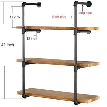 Yuanshikj 2Pc (42" Tall,12" deep) Industrial Wall Mount Iron Pipe Shelf Shelves Shelving Bracket Black Bookshelf DIY Storage offcie Room Kitchen (2 Pcs 4Tier Hardware Only)