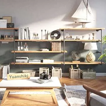 Yuanshikj 2Pc (42" Tall,12" deep) Industrial Wall Mount Iron Pipe Shelf Shelves Shelving Bracket Black Bookshelf DIY Storage offcie Room Kitchen (2 Pcs 4Tier Hardware Only)