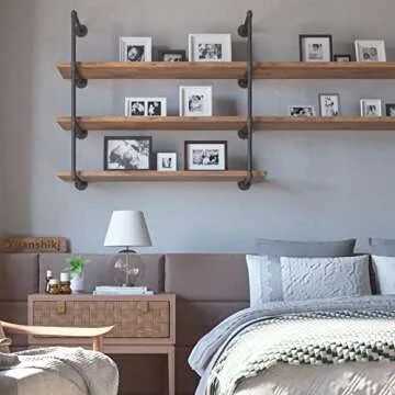 Yuanshikj 2Pc (42" Tall,12" deep) Industrial Wall Mount Iron Pipe Shelf Shelves Shelving Bracket Black Bookshelf DIY Storage offcie Room Kitchen (2 Pcs 4Tier Hardware Only)