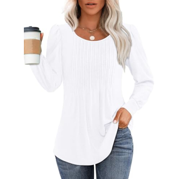 OFEEFAN Women's Long Sleeve Dressy Casual Blouses - Trendy White Tops for Fall