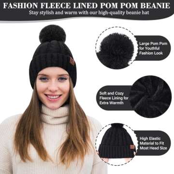 Womens Winter Warm Beanie Hat Touchscreen Gloves Long Scarf Set Rib Cable Knit Fleece Lined Skull Pom Caps