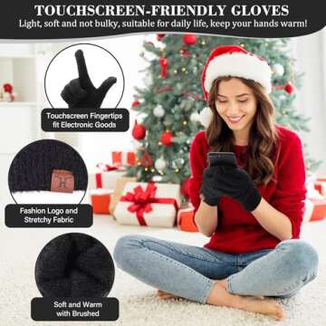 Womens Winter Warm Beanie Hat Touchscreen Gloves Long Scarf Set Rib Cable Knit Fleece Lined Skull Pom Caps