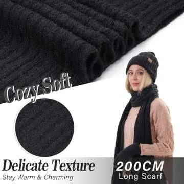 Womens Winter Warm Beanie Hat Touchscreen Gloves Long Scarf Set Rib Cable Knit Fleece Lined Skull Pom Caps