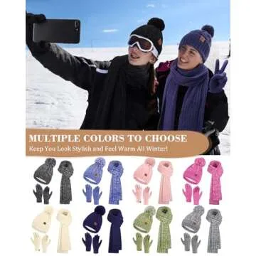 Womens Winter Warm Beanie Hat Touchscreen Gloves Long Scarf Set Rib Cable Knit Fleece Lined Skull Pom Caps