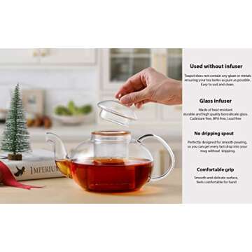 CNGLASS Glass Teapot Stovetop Safe,Clear Teapot with Removable Infuser 20.3 oz,Loose Leaf and Blooming Tea Maker