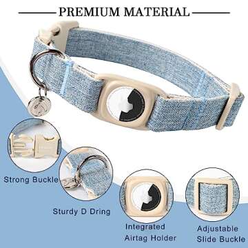DOGWONG Airtag Cotton Hemp Dog Collar, Heavy-Duty Dog Collar with Airtag Holder Blue Natural Fabric ...