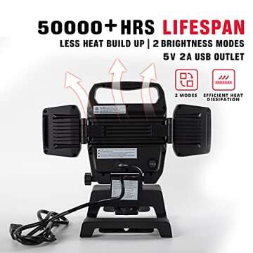 PORTER-CABLE 50W 5000 Lumen LED Work Lights, Portable Three-Head Work Lights with Stand, Corded for Construction Site, Garage