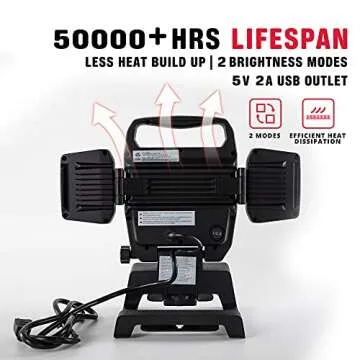 PORTER-CABLE 50W 5000 Lumen LED Work Lights, Portable Three-Head Work Lights with Stand, Corded for Construction Site, Garage
