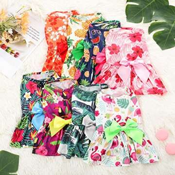 LEIFIDE 8 Pcs Summer Themed Hawaii Dog Dresses Holiday Flamingo Fruit Floral Pattern Pet Skirts Hawaii Puppy Princess Dresses Outfits Bowknot for Girl Dogs Cats Beach(Small)