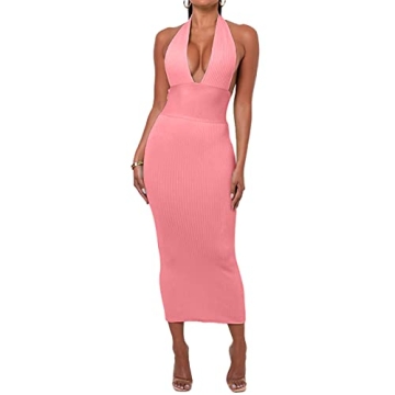 Halfword Women's Deep V Neck Backless Knitted Halter Bodycon Maxi Dress Elegant Party Club Outfits P...