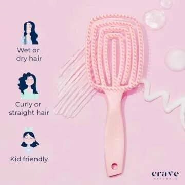 Crave Naturals FLEX DMC Detangling Brush for Thick Hair - Glide Thru Detangling Brush - Hair Brush Detangler for All Hair Types - Flexible Layers Square Paddle Hairbrush - Pink - Comfort Grip