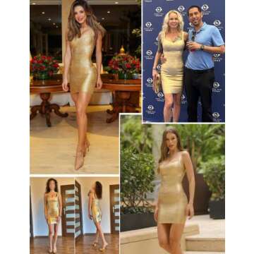 meilun Women's Celebrity Bandage Bodycon Dress Strap Party Pencil Dress (M, Gold)