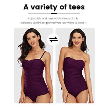 Shuangyu Bandeau Tankini Swimsuits for Women Ruched Tummy Control Top Swimwear with Mid Waist Briefs Purple XL