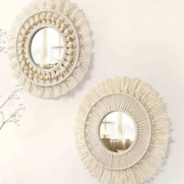 Boho Macrame Wall Mirror with Wood Beads Set