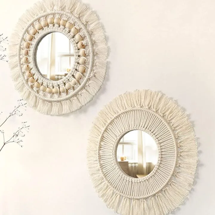 Boho Macrame Wall Mirror with Wood Beads Set