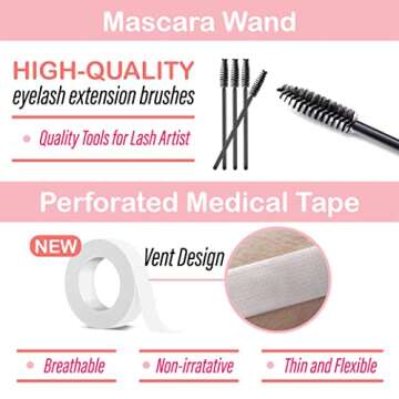 Lyon Lash Eyelash Extension Supplies 4x100 Packs - 100 Pairs Under Eye Gel Pads | 100 Disposable Mascara Brushes Wands | 100 Micro Applicators Brush | 100 Glue Ring Holder | 2 Medical Tapes