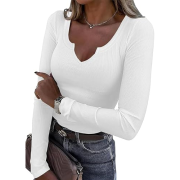 Stylish Roselux Women Ribbed Long Sleeve V Neck Top
