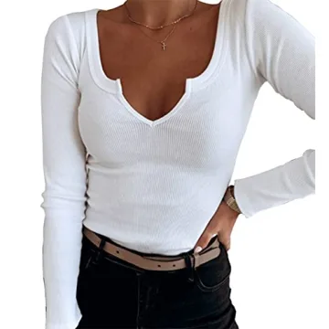 Stylish Roselux Women Ribbed Long Sleeve V Neck Top