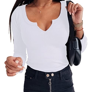 Stylish Roselux Women Ribbed Long Sleeve V Neck Top