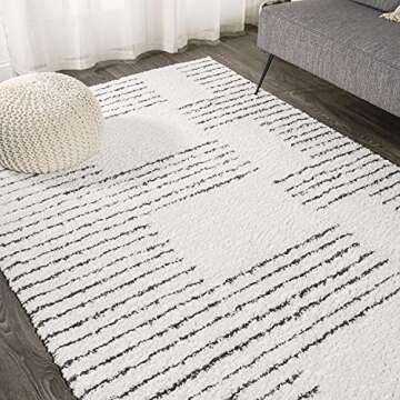 JONATHAN Y MOH407A-8 Petra Abstract Stripe Geometric Shag Indoor Area-Rug Bohemian Contemporary Glam Easy-Cleaning Bedroom Kitchen Living Room Non Shedding, 8 X 10, White/Black