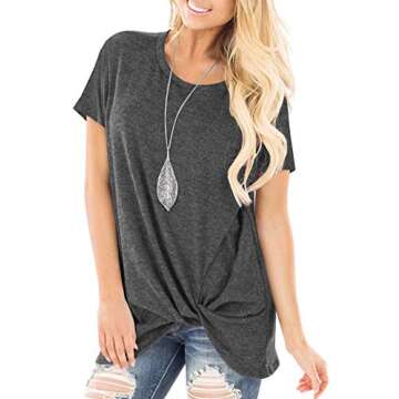 SHIBEVER Summer Soft Loose Casual Women's Tops Shirts Fashion Twist Knotted Blouses Short Sleeve Round Neck Tunic T Shirt Dark Grey L