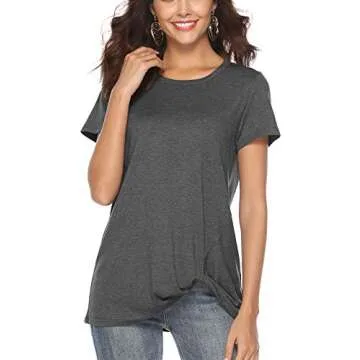 SHIBEVER Summer Soft Loose Casual Women's Tops Shirts Fashion Twist Knotted Blouses Short Sleeve Round Neck Tunic T Shirt Dark Grey L