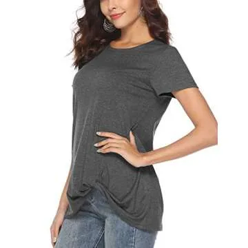 SHIBEVER Summer Soft Loose Casual Women's Tops Shirts Fashion Twist Knotted Blouses Short Sleeve Round Neck Tunic T Shirt Dark Grey L